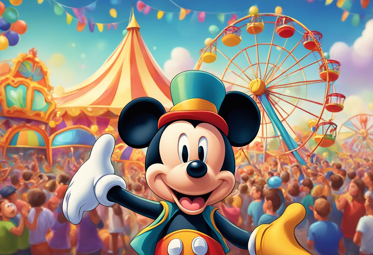 Mickey Mouse stands in front of a colorful carnival with a big smile on his face, waving to a crowd of excited children