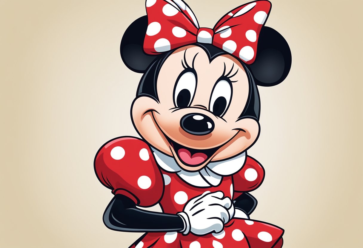 Minnie Mouse stands in a polka-dot dress, holding a red and white polka-dot bow, with a bright smile on her face