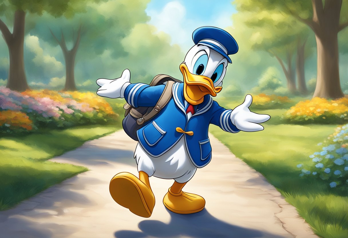 Donald Duck walks through a sunny park, quacking happily. He wears his signature sailor outfit and carries a small blue backpack