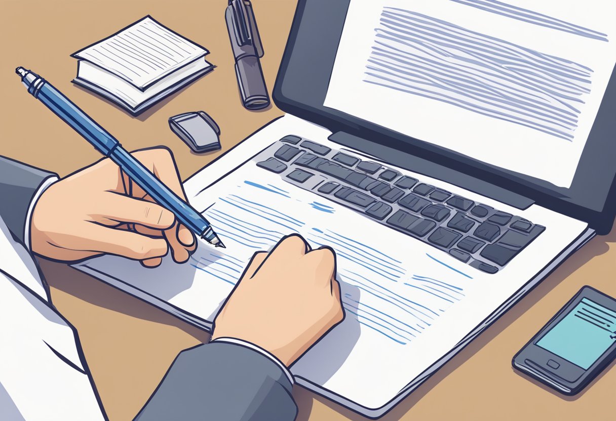 A hand holding a pen, writing true/false questions on a piece of paper with a computer and textbook nearby for reference