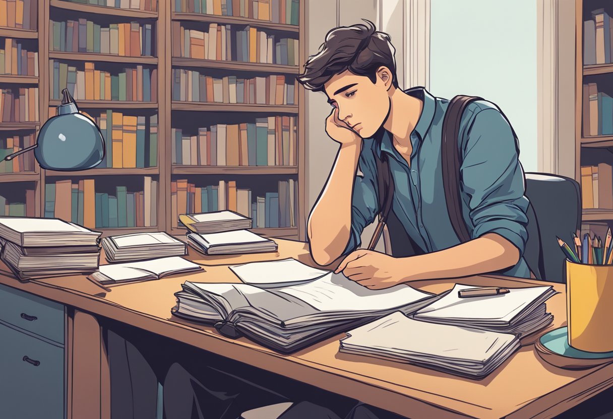 A student sitting at a desk, surrounded by books and papers, looking thoughtful with a pencil in hand, while a mirror reflects their image back at them