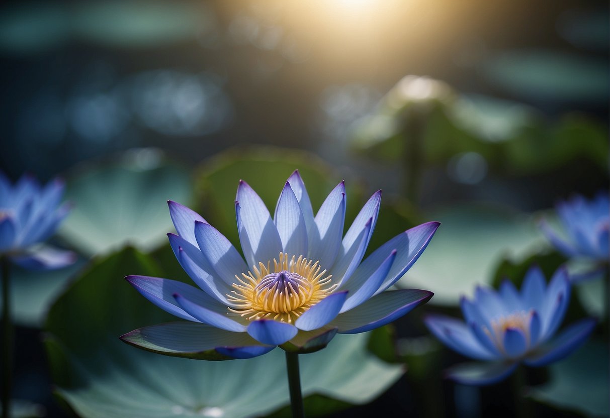 A blue lotus flower blooms in a tranquil pond, symbolizing historical significance