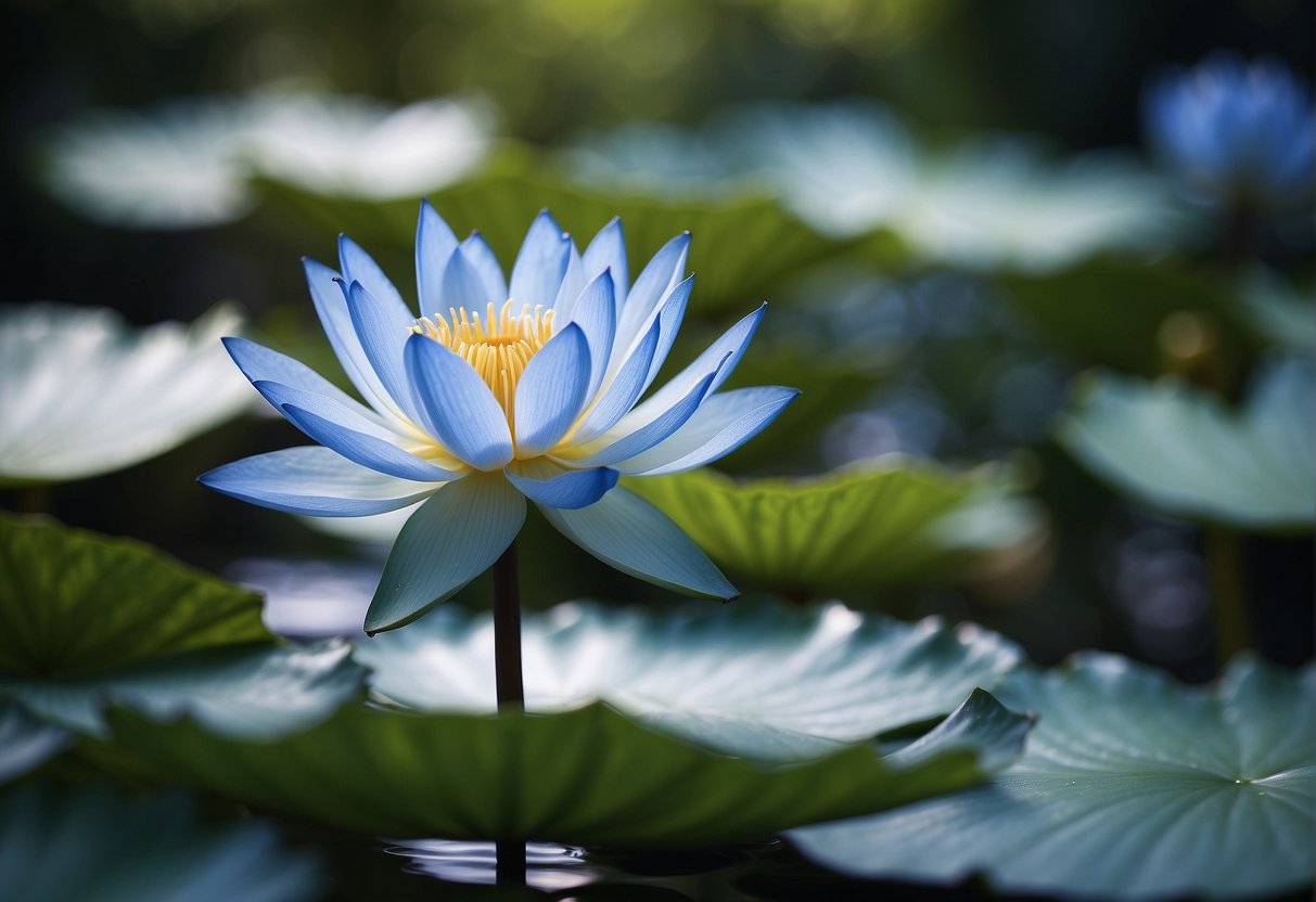 A blue lotus flower blooms in a serene pond, surrounded by lush green leaves and delicate water ripples