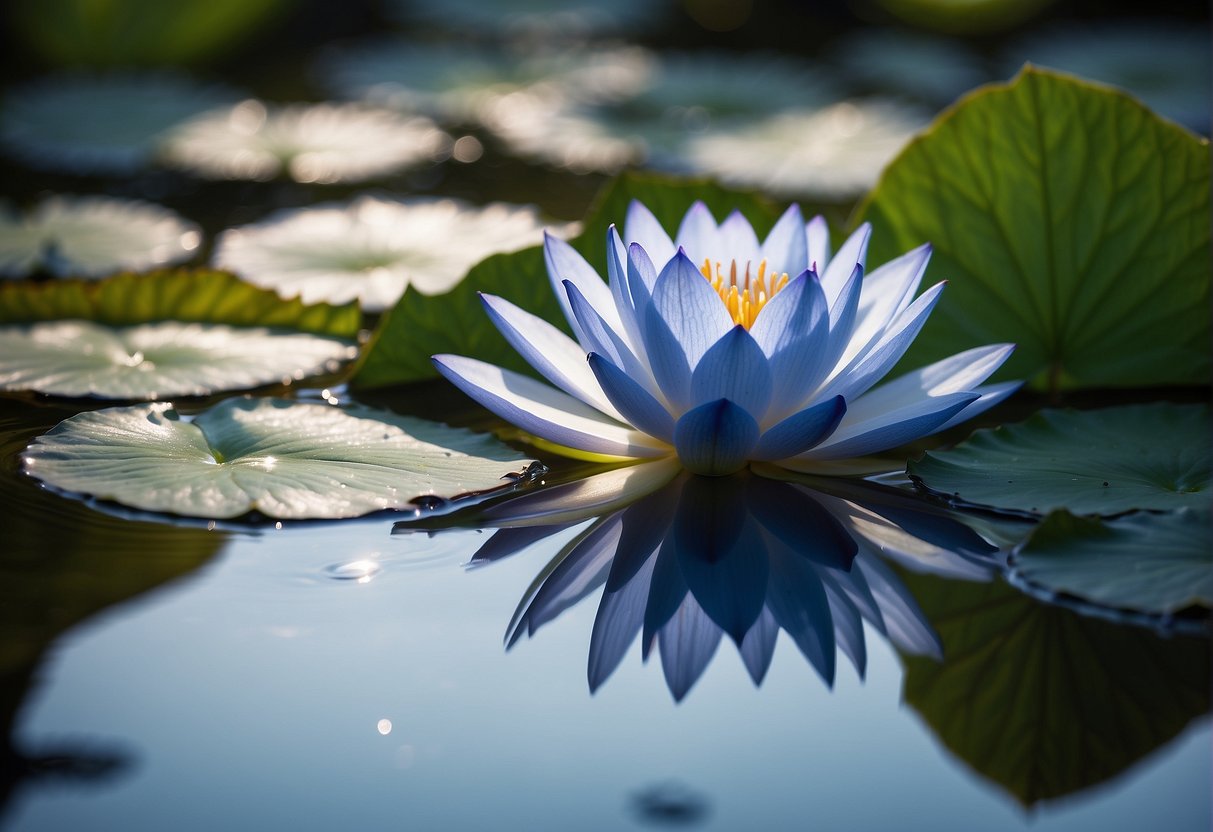 The blue lotus flower floats on calm water, surrounded by lush green leaves. The sunlight gently illuminates its delicate petals, showcasing its beauty