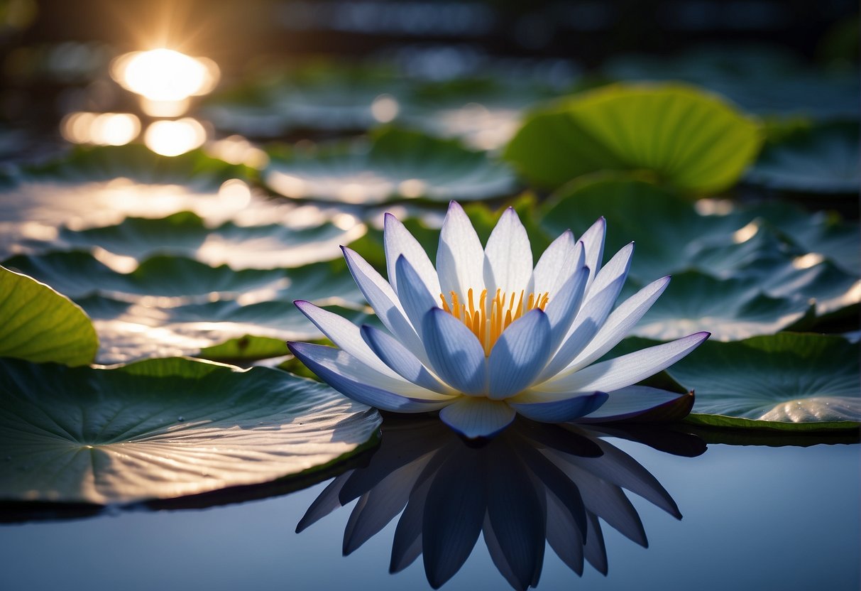 A serene blue lotus flower floats on calm water, surrounded by lush green lily pads and reflecting the soft light of the setting sun