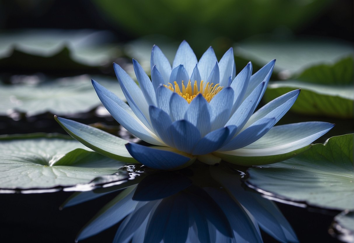 A serene blue lotus flower floats on still water, symbolizing purity and enlightenment