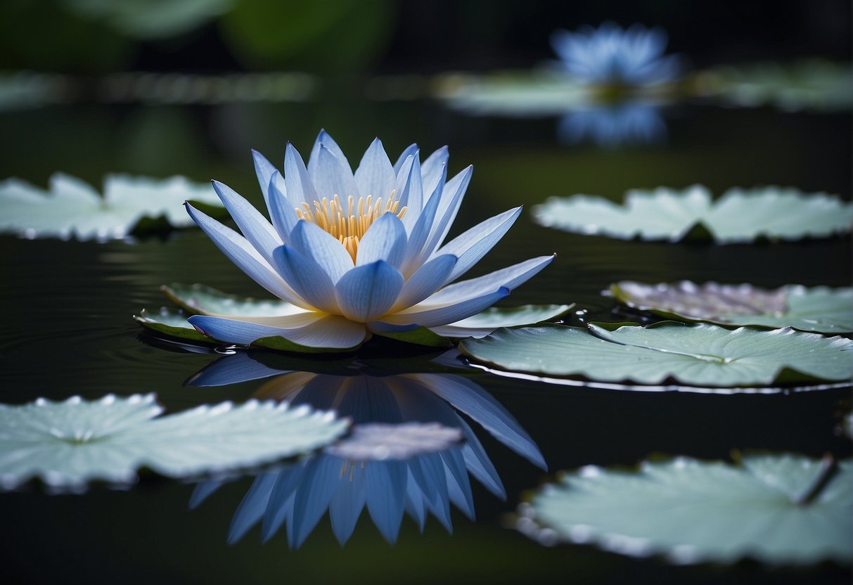 A vibrant blue lotus flower floats peacefully on the surface of a calm, reflective pond, surrounded by lush green leaves and delicate water ripples