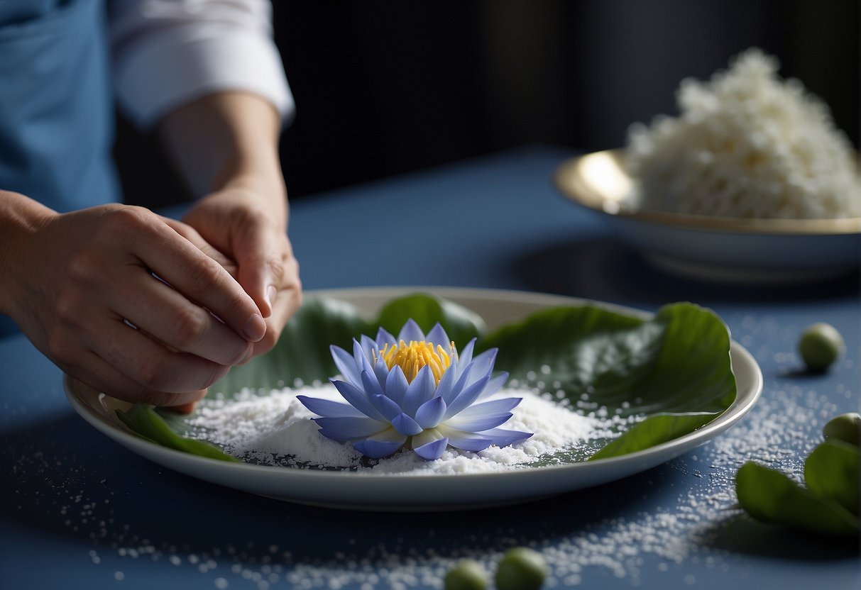 A chef sprinkles powdered blue lotus flower onto a dish, adding a delicate floral aroma and a hint of sweetness