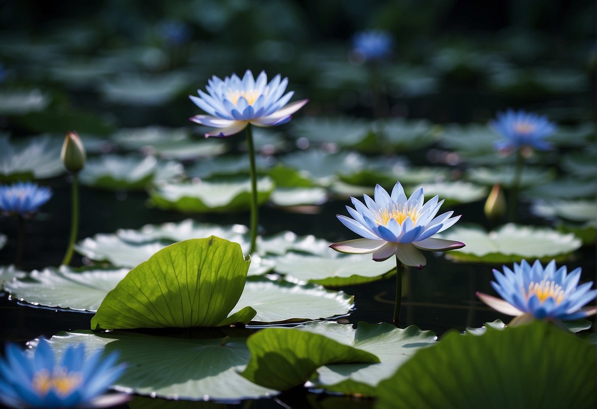 A serene pond with blooming blue lotus flowers, surrounded by lush green foliage and gentle ripples on the water's surface