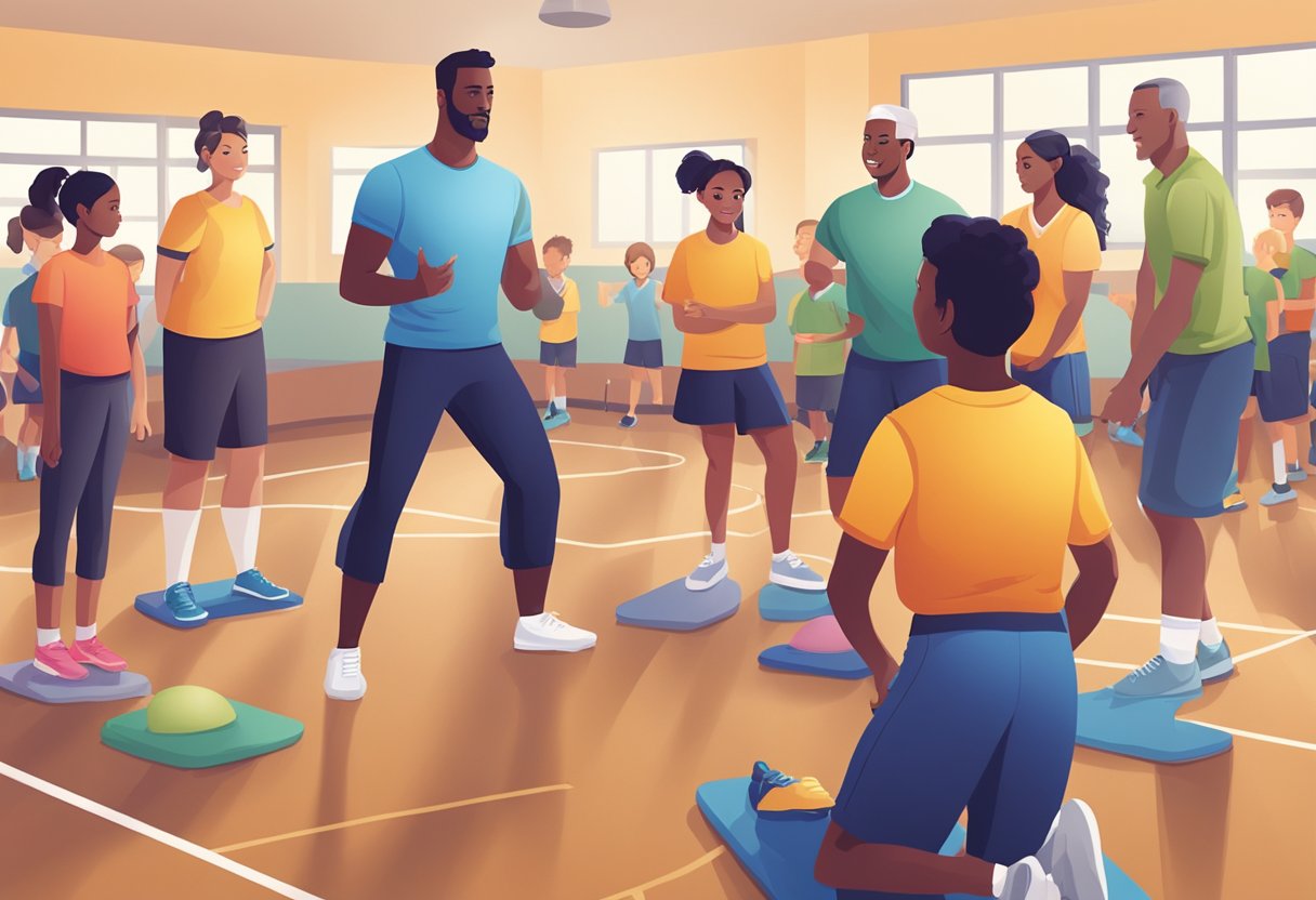 A group of parents and community members gather around a physical education class, observing and interacting with students as they participate in various activities