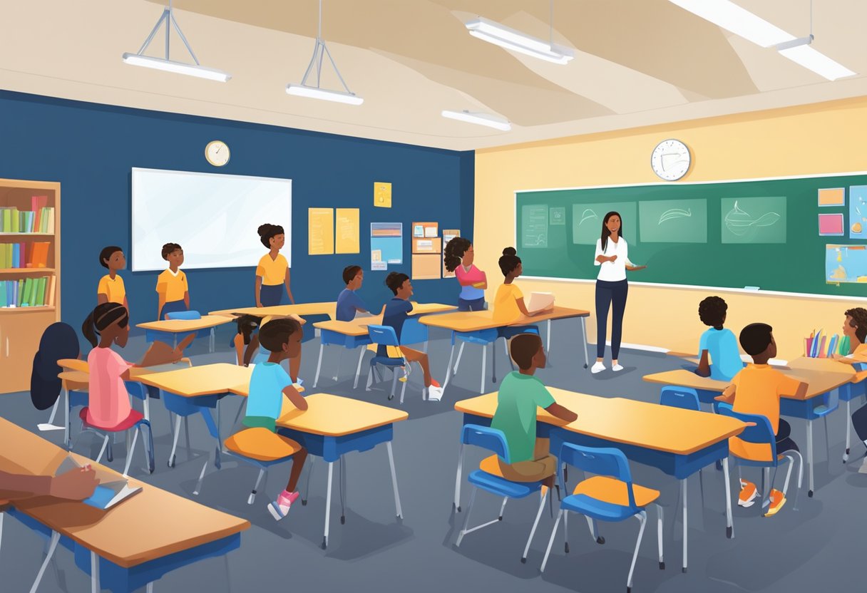 A classroom with diverse physical education equipment and assessment tools displayed on the walls, while a teacher leads a group discussion on education standards
