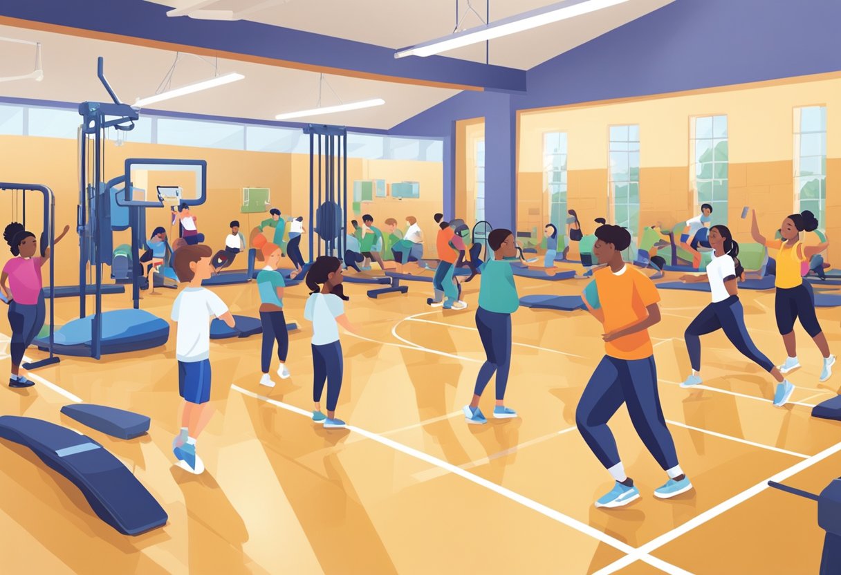 Students engaged in various physical activities, with equipment and assessment tools scattered around the gym. The teacher observes and provides feedback, fostering a positive and supportive learning environment