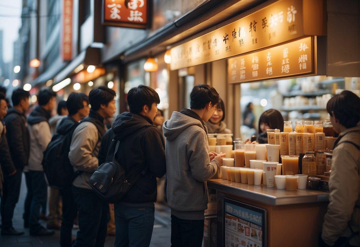 A crowded street with people holding cups of hokkaido milk tea, a prominent sign advertising the drink, and a line of customers outside a popular milk tea shop
