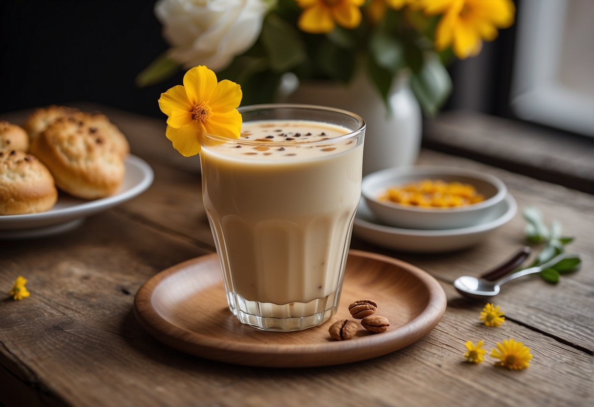A steaming cup of hokkaido milk tea sits on a rustic wooden table, surrounded by freshly baked pastries and a small vase of blooming flowers