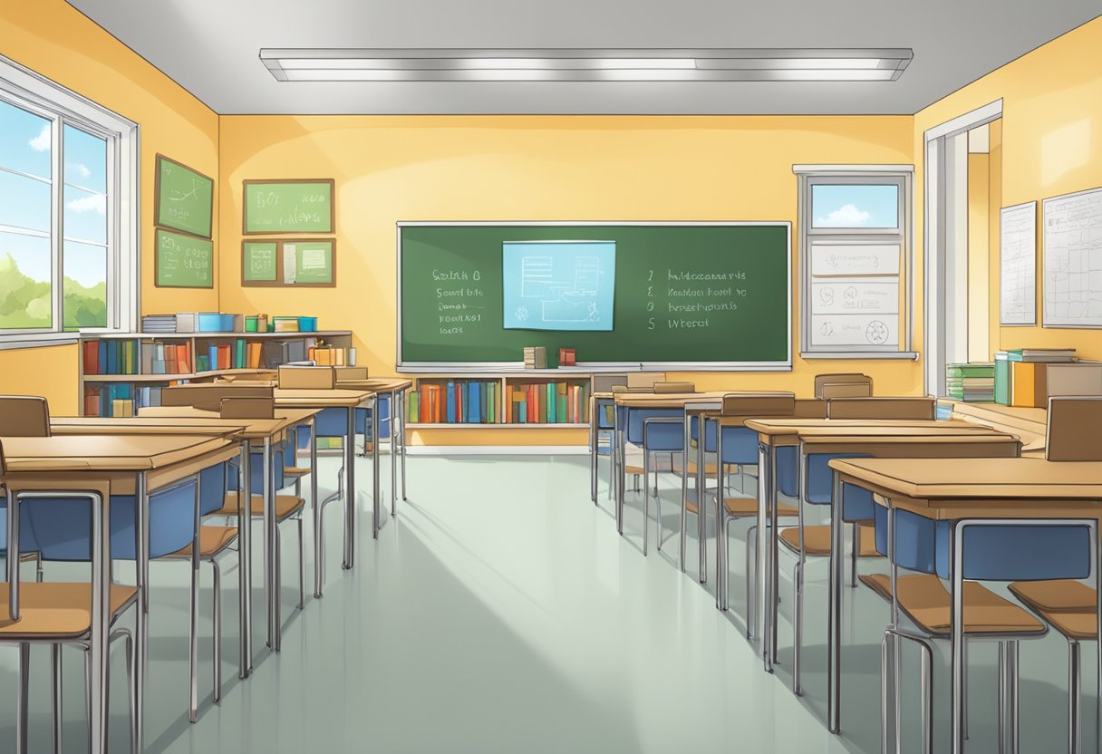 A classroom with textbooks open to state standards, and assessments aligned with the standards displayed on the wall