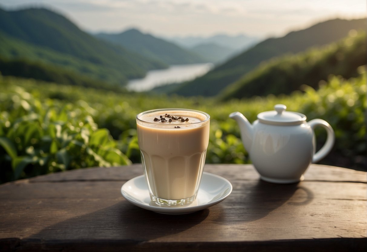 A glass of Hokkaido milk tea sits on a rustic wooden table, surrounded by fresh milk, black tea leaves, and a Hokkaido landscape in the background