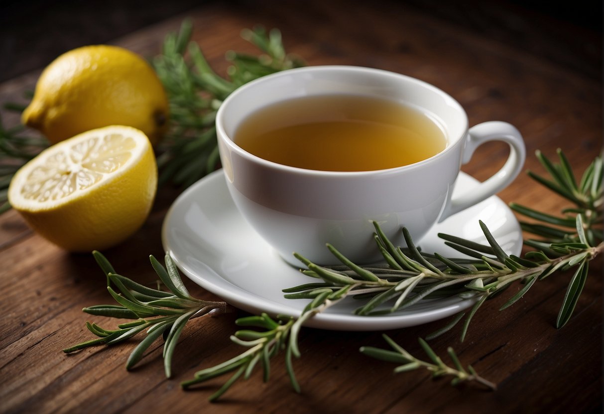 A steaming cup of rosemary tea sits on a wooden table, surrounded by fresh rosemary leaves and a slice of lemon. The tea exudes a comforting aroma, inviting relaxation and wellness