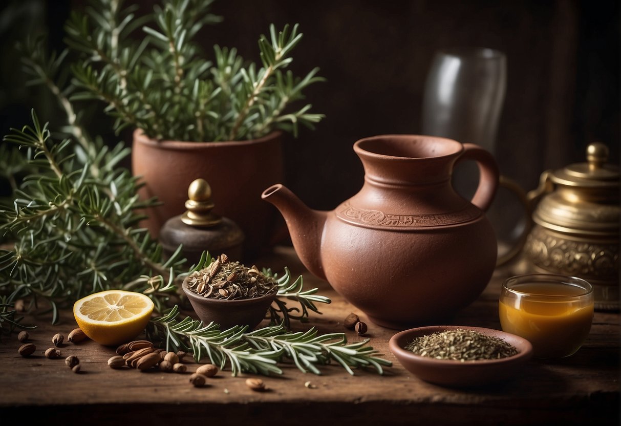 Rosemary tea brewed in ancient clay pot, surrounded by herbs and spices. A historical figure enjoys a cup while reading scrolls