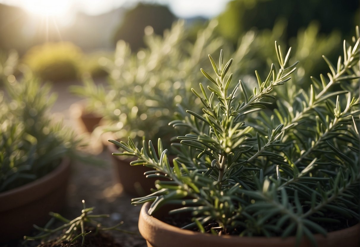 Rosemary plants being cultivated in a sunny garden, then carefully harvested and dried for tea production