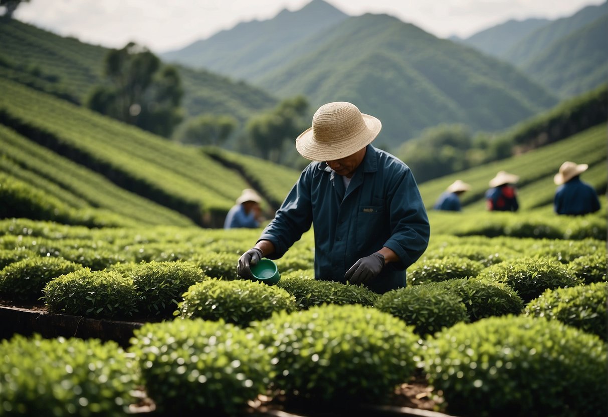 A tea plantation with workers harvesting and processing sencha leaves, a steaming factory, and packaging of the final product