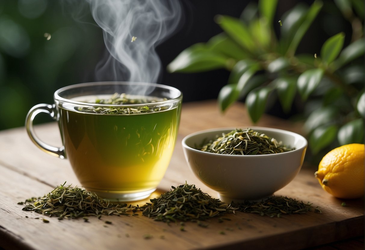 A steaming cup of sencha tea sits on a wooden table, surrounded by delicate green tea leaves and a hint of citrus peel