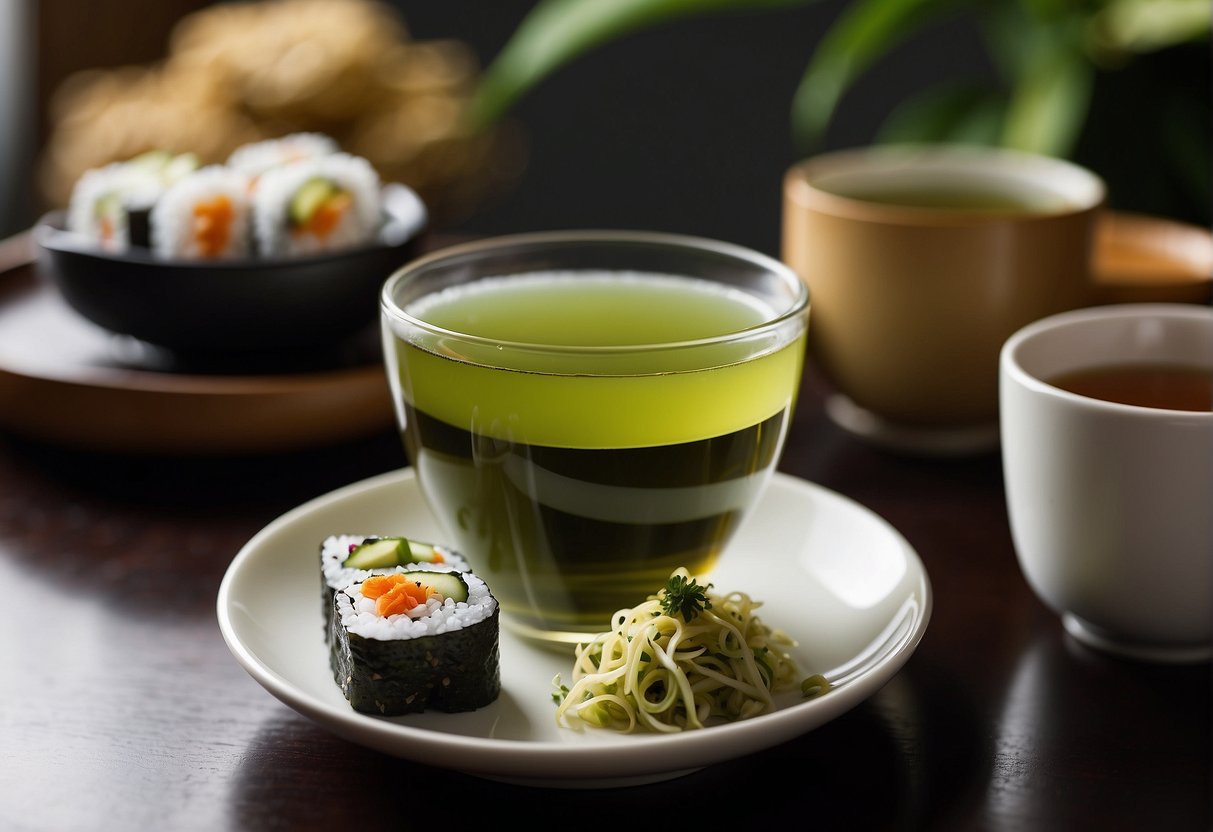 A steaming cup of sencha tea sits beside a plate of sushi, creating a perfect pairing of flavors and aromas