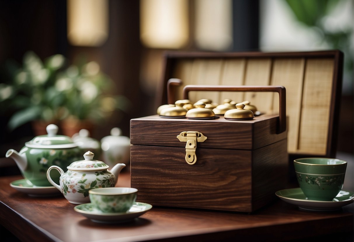 A wooden tea chest with compartments holds neatly arranged packets of sencha tea, surrounded by delicate teacups and a traditional Japanese tea pot