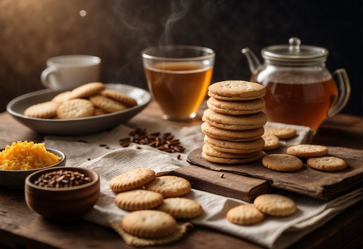 A pile of tea biscuits arranged next to a vintage recipe book, surrounded by scattered ingredients like flour, sugar, and butter