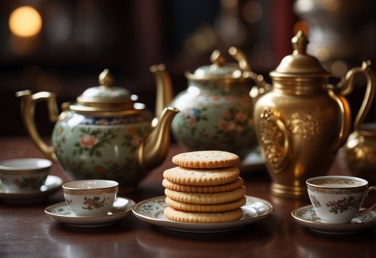 A table set with a teapot, a plate of tea biscuits, and a traditional tea set, surrounded by cultural artifacts and symbols