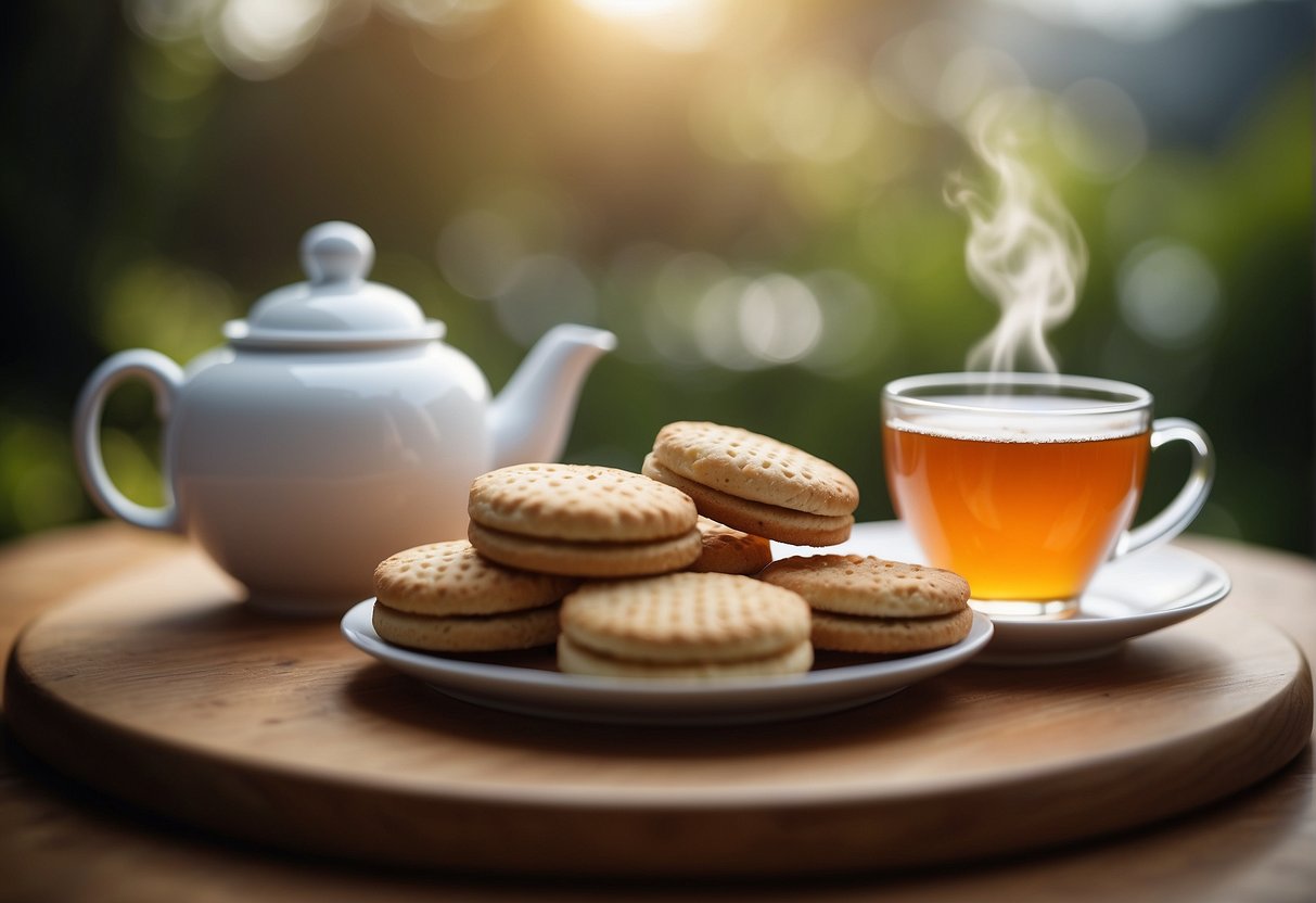 Tea biscuits arranged next to a steaming cup of tea