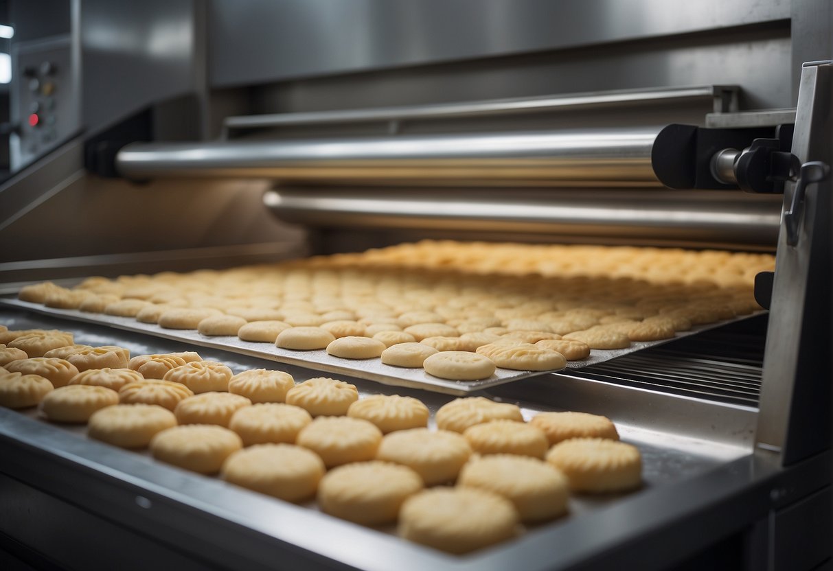 Biscuit dough being mixed, rolled, cut, and baked in a large industrial oven. Conveyor belts move the biscuits through the packaging process