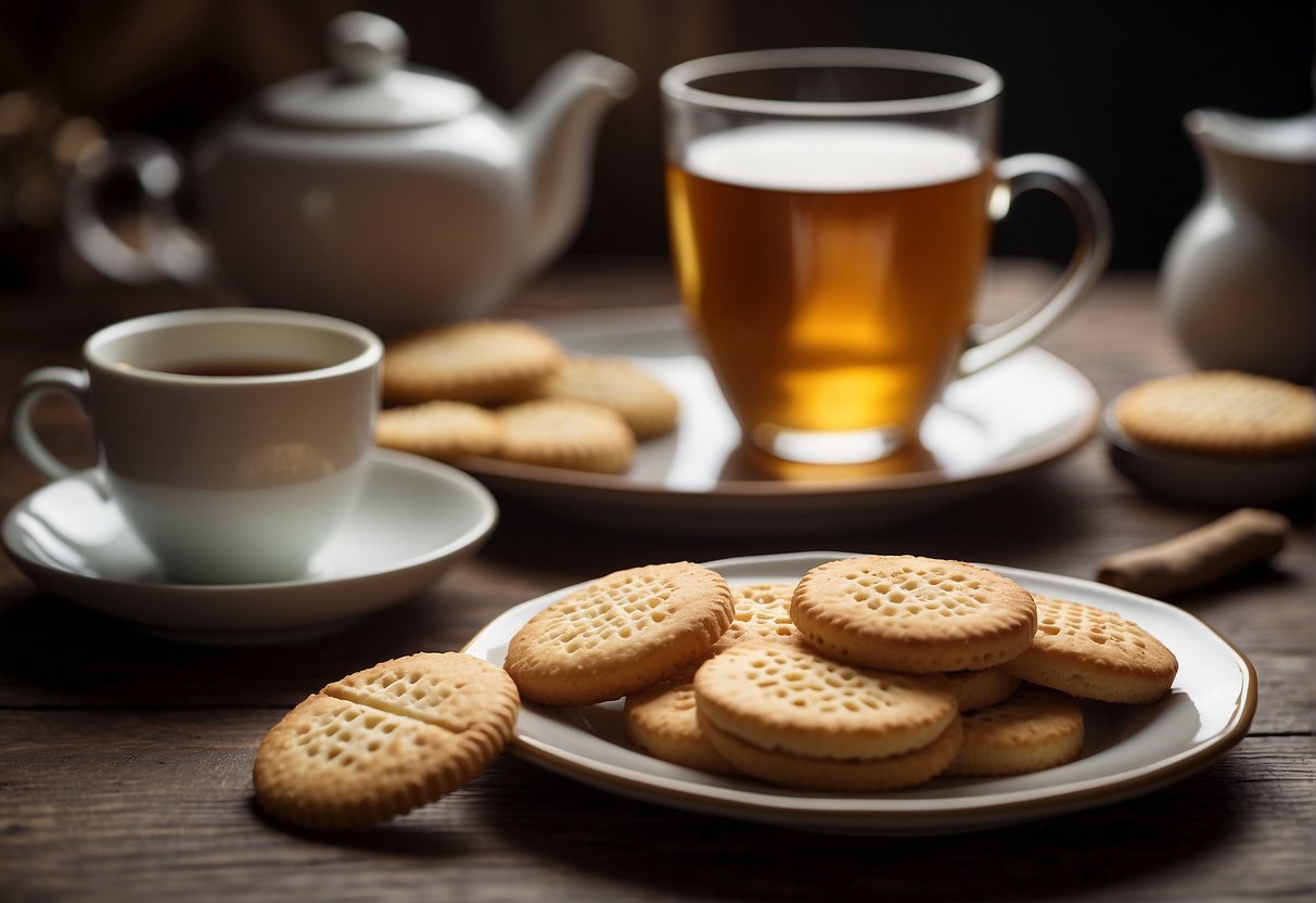 A table with a plate of tea biscuits, a cup of tea, and a nutritional information label