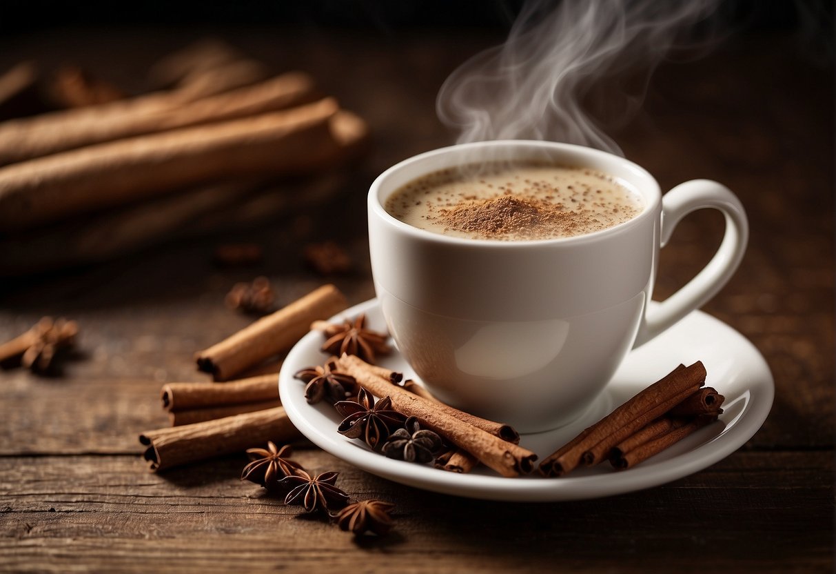 A steaming cup of dirty chai sits on a rustic wooden table, surrounded by scattered cinnamon sticks and cardamom pods. A frothy layer of milk tops the spiced tea, emitting a warm and inviting aroma