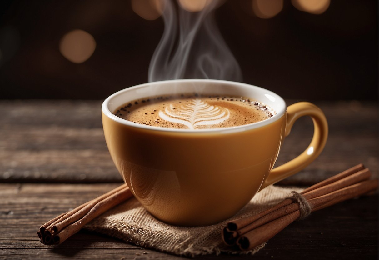A cup of dirty chai sits on a wooden table, steam rising from the spiced tea mixed with a shot of espresso. A cinnamon stick and frothy milk top the drink