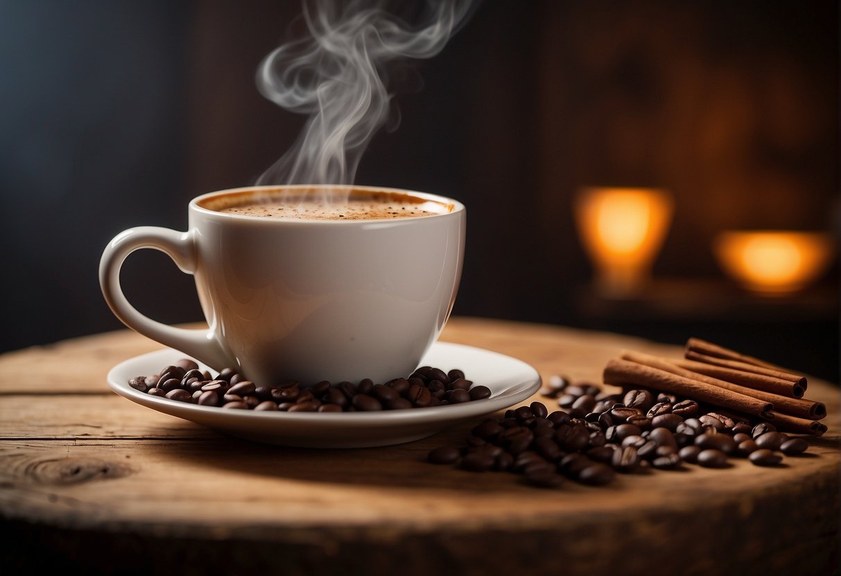 A steaming mug of "dirty chai" sits on a rustic wooden table, surrounded by scattered coffee beans and cinnamon sticks. The rich aroma wafts through the air, creating a cozy and inviting atmosphere