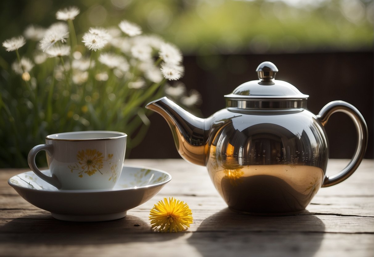 A table with dandelion flowers, a teapot, water, and a strainer