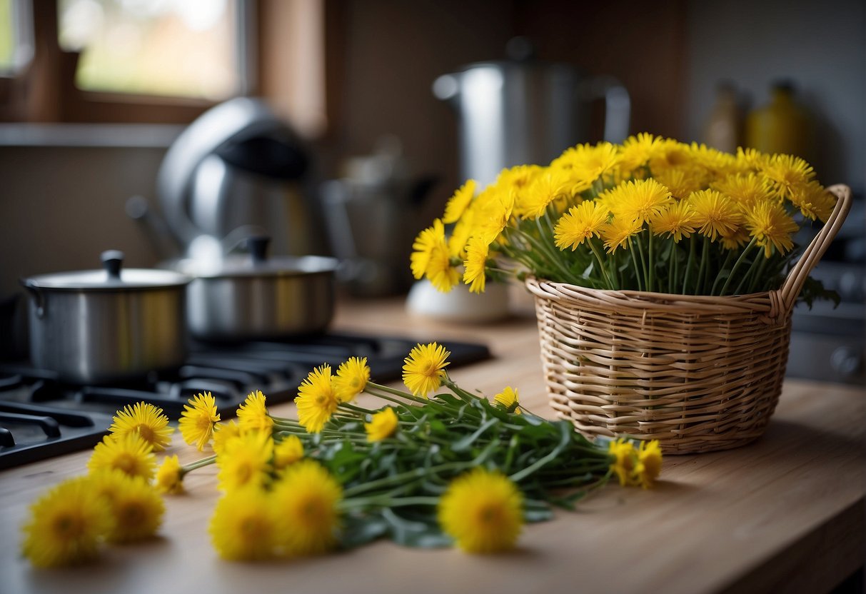 A person gathers dandelion flowers. They pluck the yellow blooms and place them in a basket. A pot of water sits on the stove, ready to brew dandelion tea