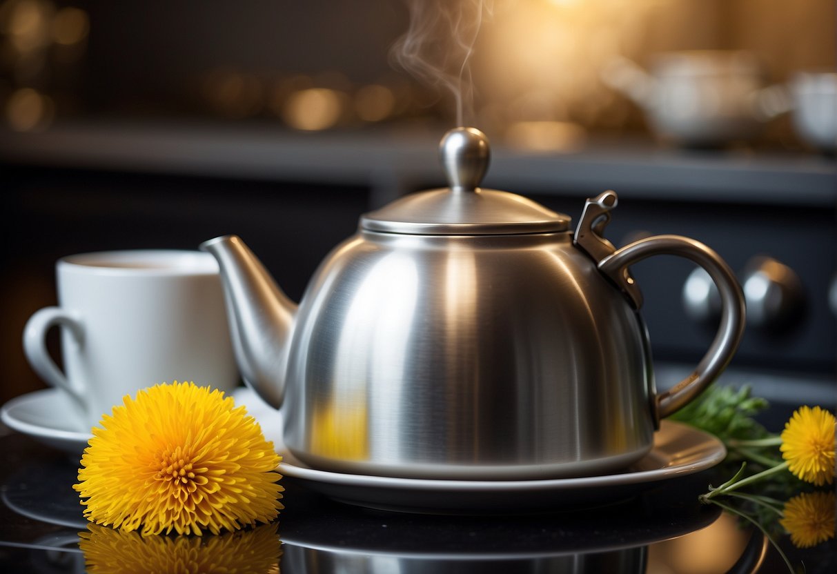 A kettle boils on a stove. Dandelion flowers steep in hot water. A teacup sits on a saucer, ready to be filled
