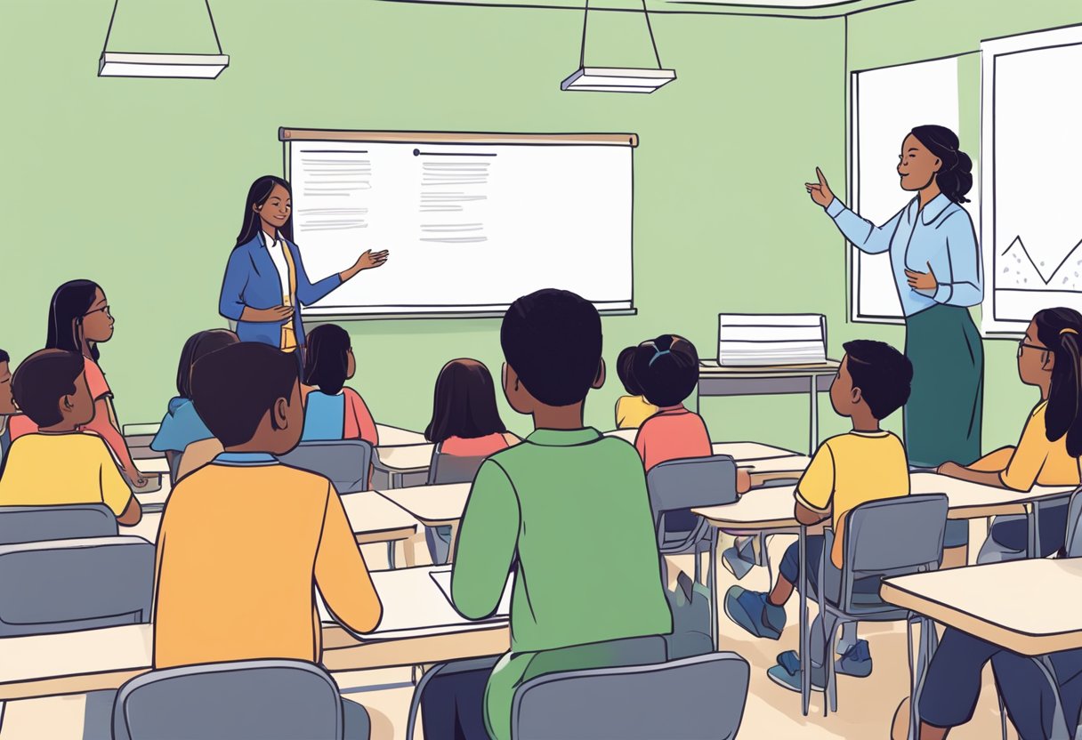 A classroom setting with students discussing and presenting, while a teacher uses a rubric to assess their oral language skills