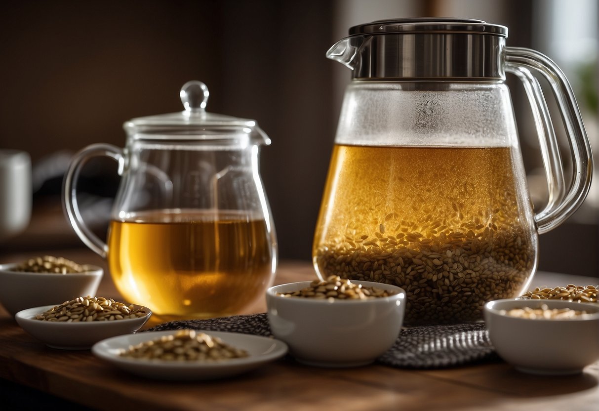 Barley tea leaves in a mesh bag steeping in a pot of hot water. A timer set for 5 minutes. A pitcher and glasses ready for pouring
