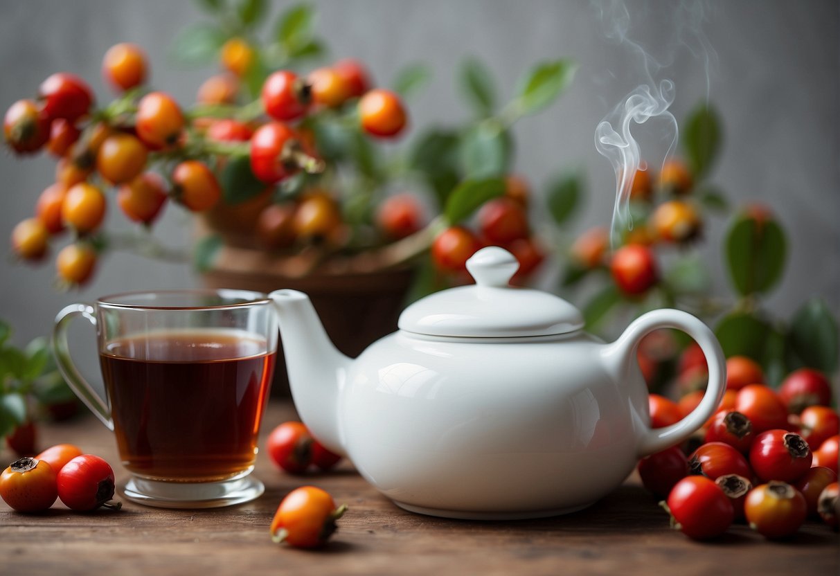 A variety of rosehips scattered around a teapot and cup, with steam rising from the hot rosehip tea