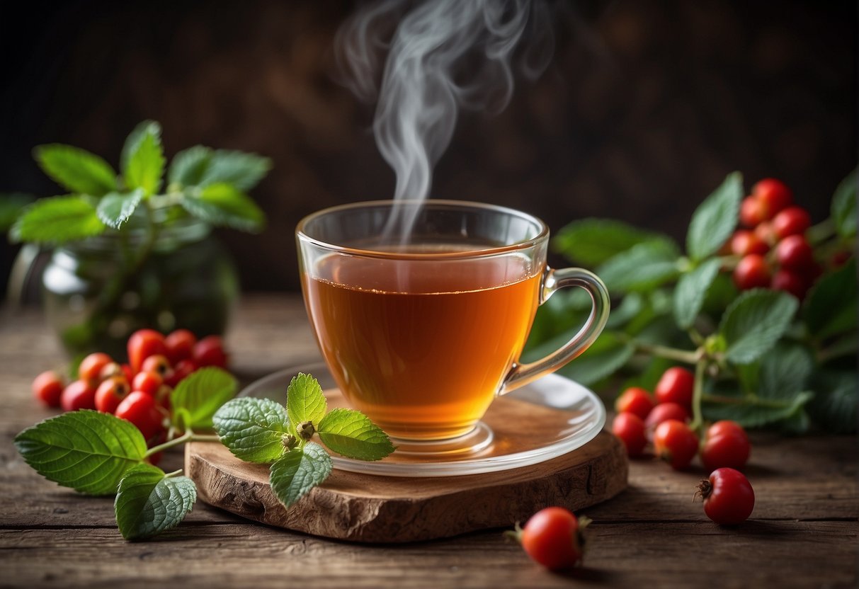 A steaming cup of rosehip tea sits on a rustic wooden table, surrounded by fresh rosehips and a sprig of mint. A book about herbal teas lies open nearby