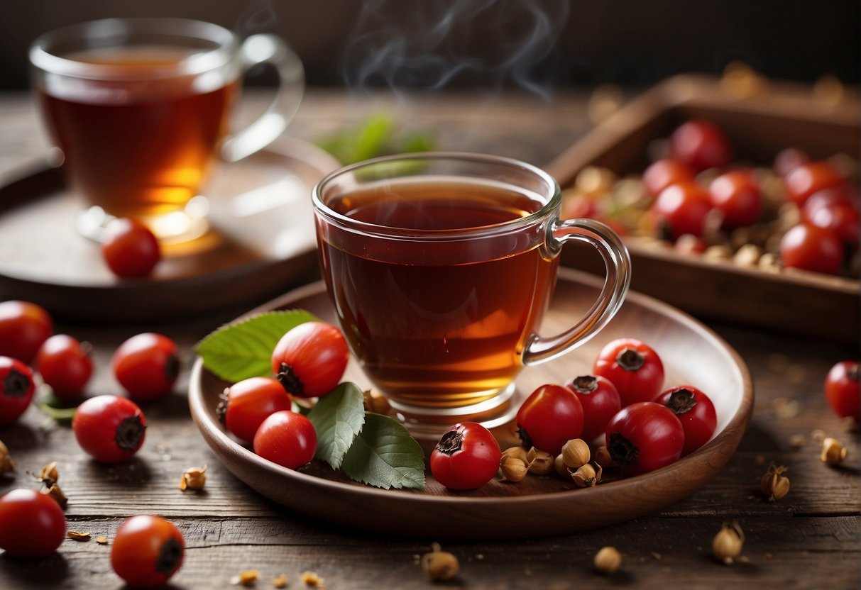 A selection of rosehip tea on a wooden tray with dried rosehips scattered around