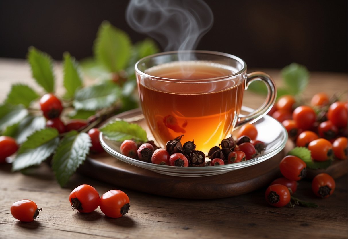 A steaming cup of rosehip tea sits on a wooden table, surrounded by scattered rosehips and leaves. A subtle aroma wafts through the air