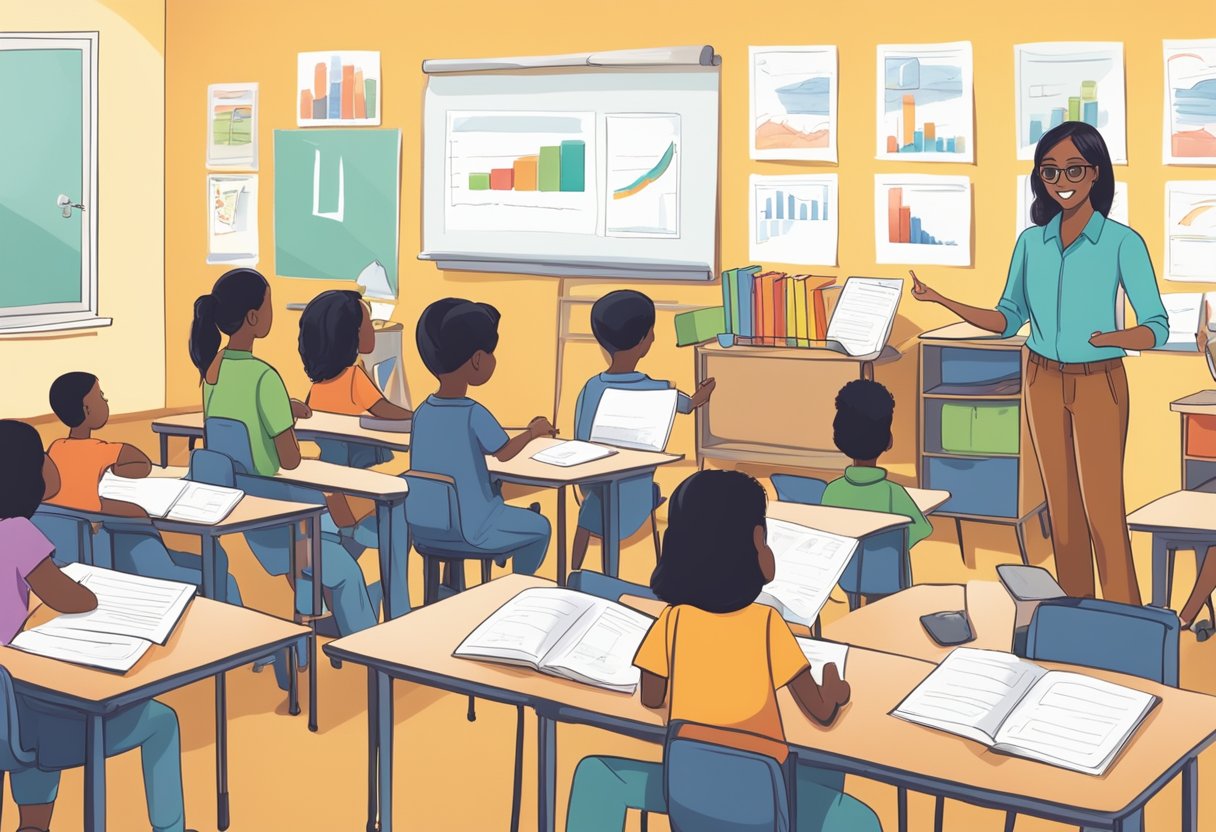 A classroom setting with students presenting oral language tasks, while a teacher assesses and uses rubrics to evaluate their performance