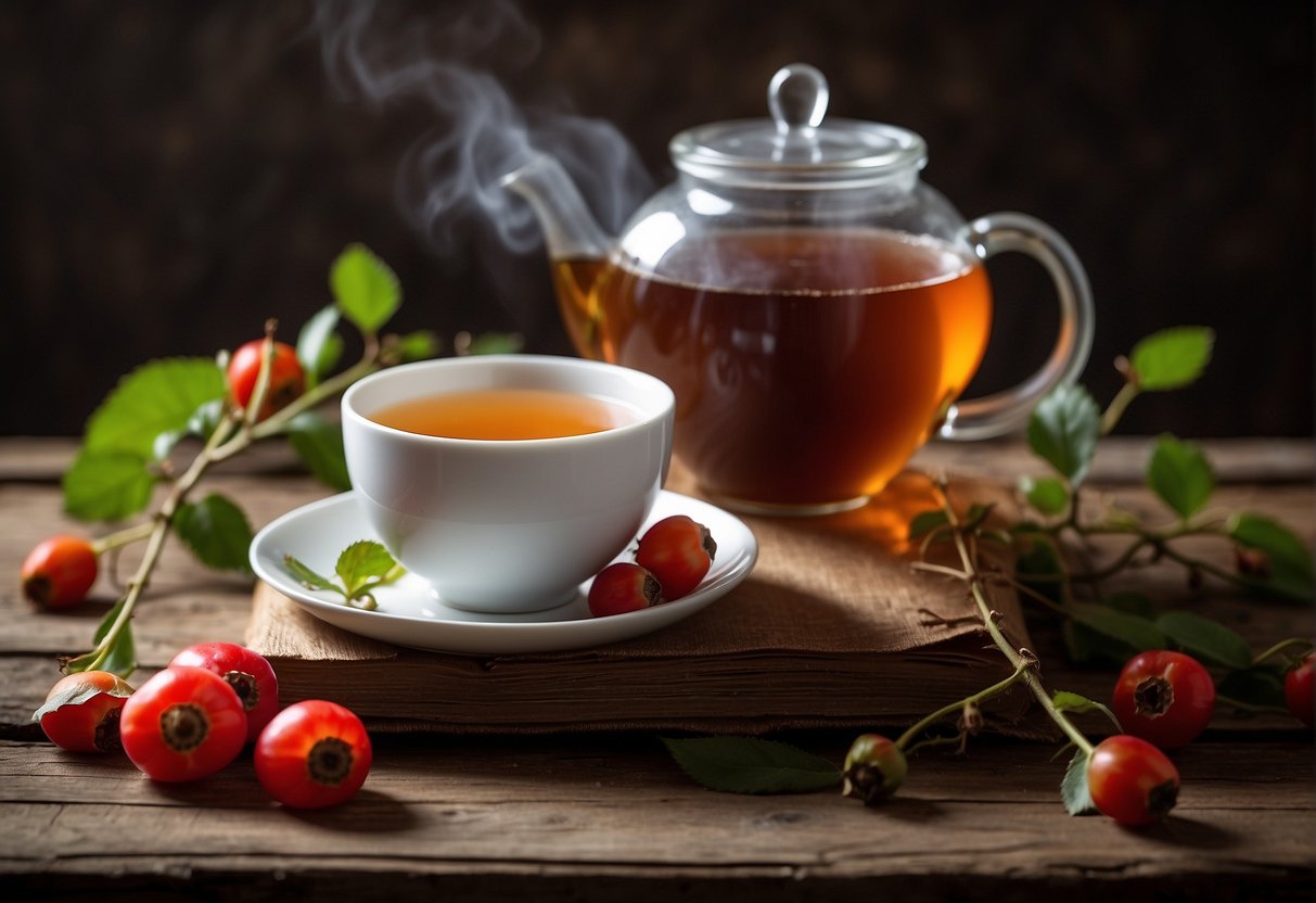 A steaming cup of rosehip tea sits on a rustic wooden table, surrounded by fresh rosehips and a vintage teapot. A book of recipes and uses for rosehip tea lies open next to the cup