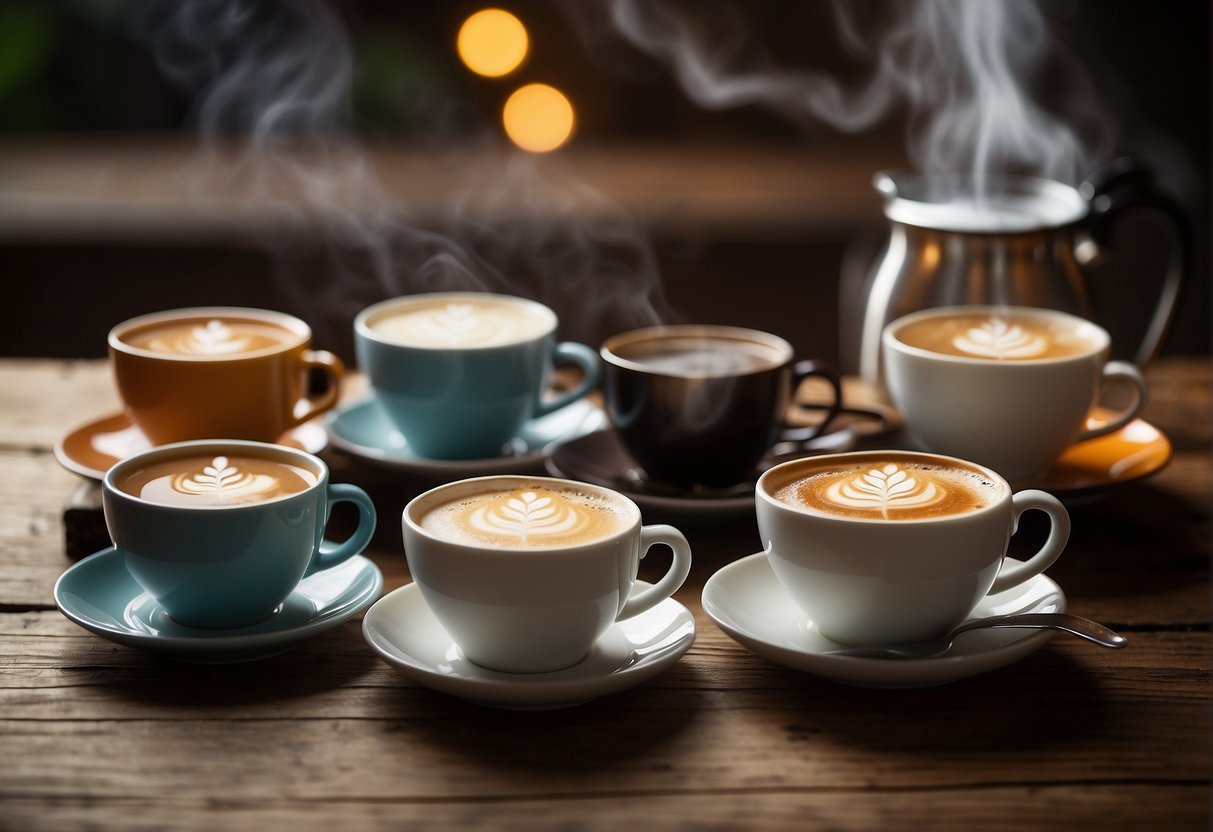 A variety of tea lattes arranged on a wooden table with steaming mugs, loose tea leaves, and frothy milk