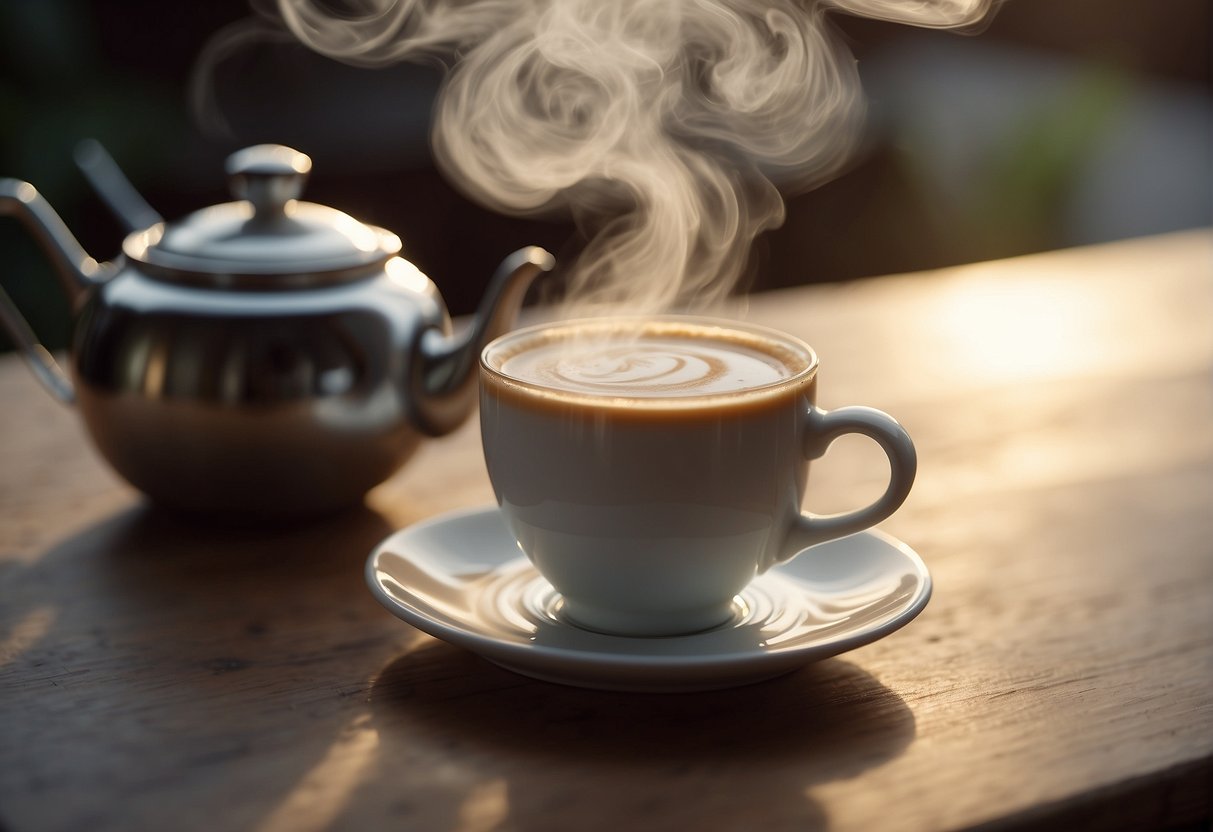 A steaming teapot pours milk into a cup of brewed tea, creating a swirling pattern as the two liquids mix together to form a creamy tea latte