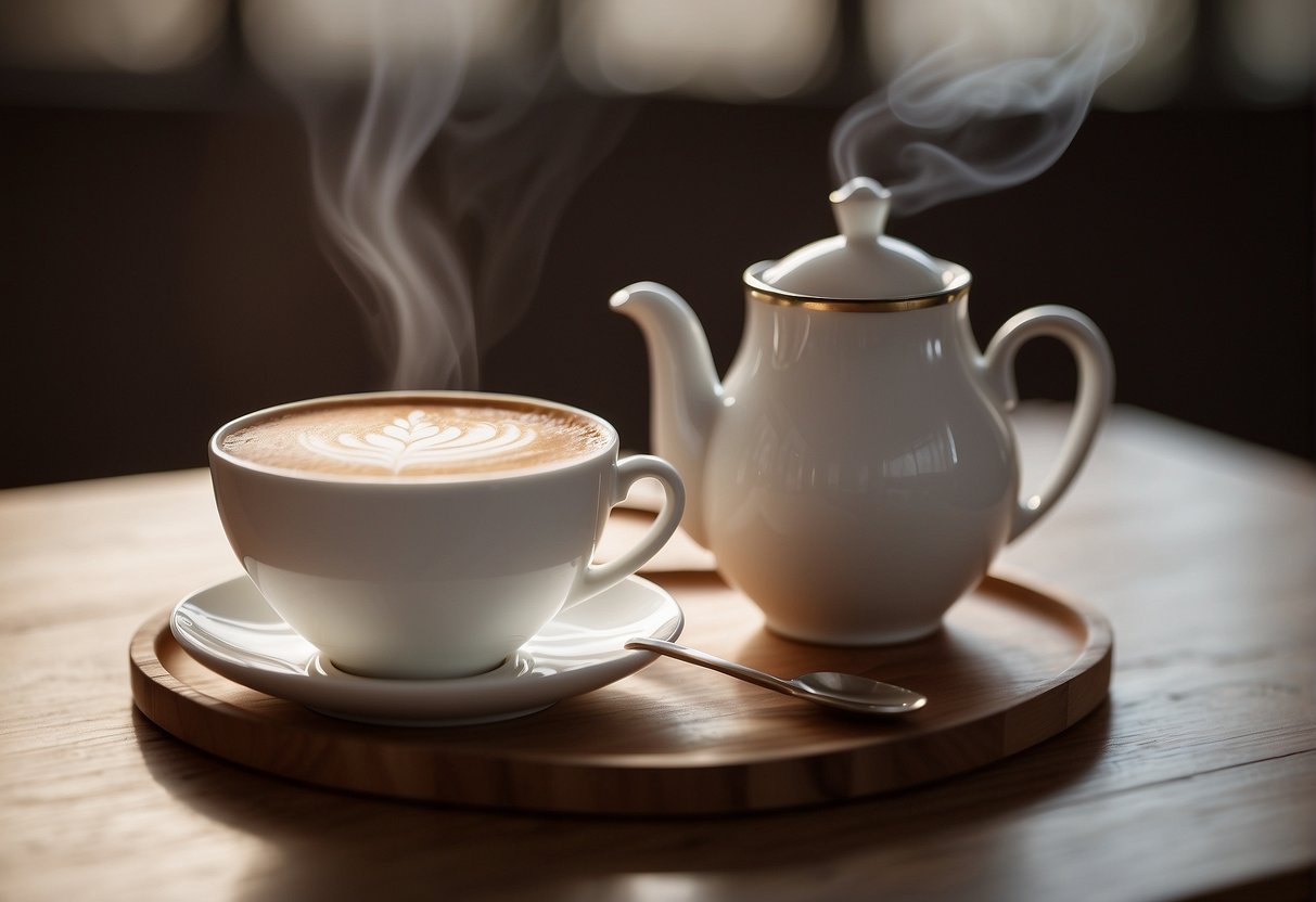 A steaming tea latte sits on a wooden tray with a delicate china cup and saucer, accompanied by a small pitcher of frothy milk and a spoon