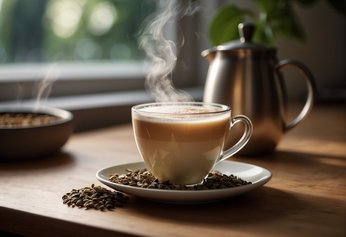 A steaming tea latte sits on a cozy kitchen counter next to a frothy milk pitcher and a selection of aromatic tea leaves